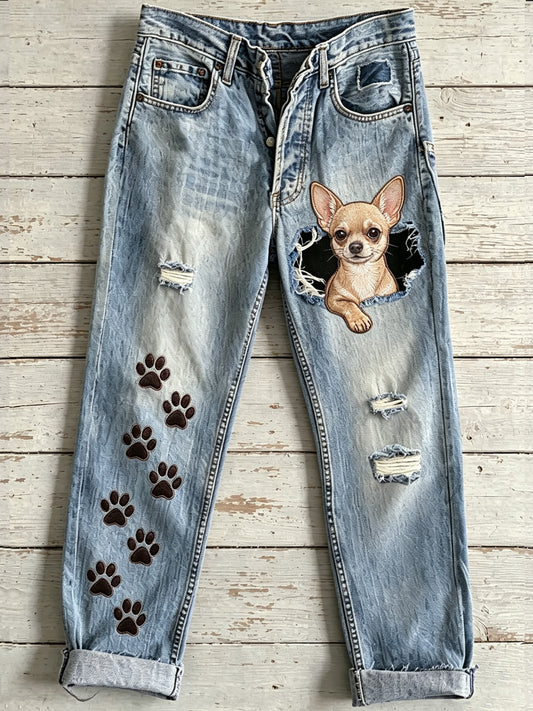 Dames dierenhond kunst print uitlopende broek