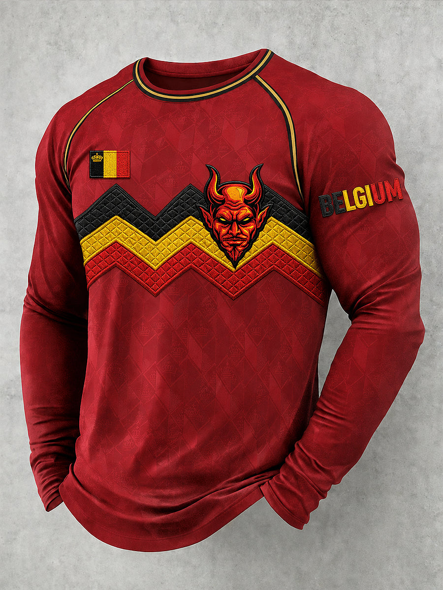 Heren-T-shirt met lange mouwen en ronde hals, bedrukt met Belgisch voetbal
