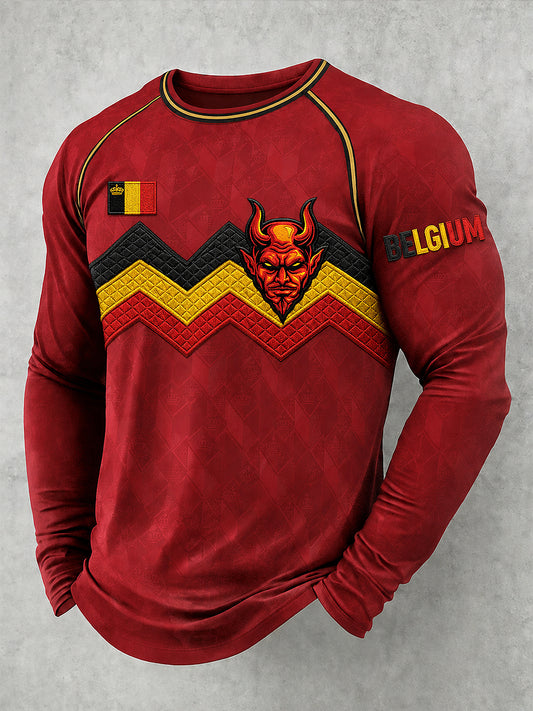 Heren-T-shirt met lange mouwen en ronde hals, bedrukt met Belgisch voetbal