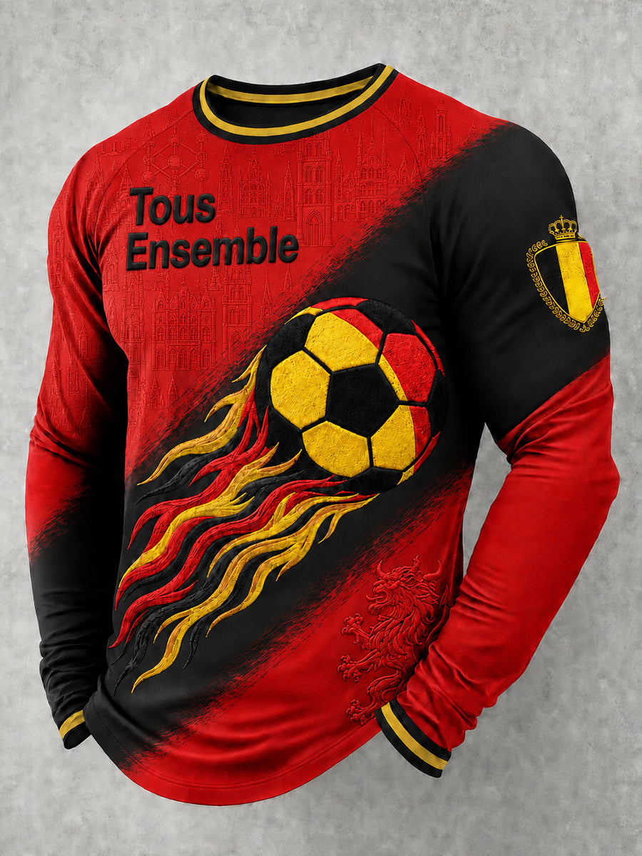Heren-T-shirt met lange mouwen en ronde hals, bedrukt met Belgisch voetbal