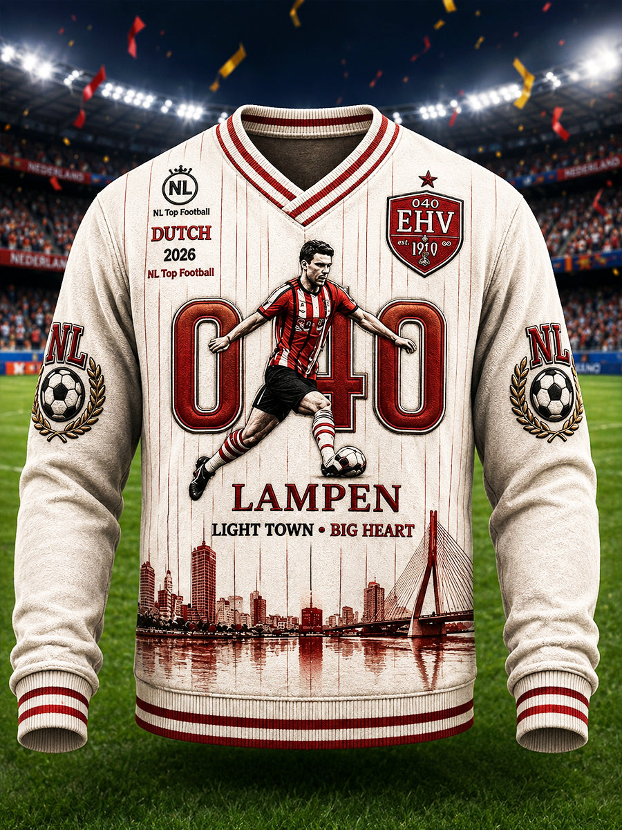 Heren beige Nederlandse Eredivisie PSV Eindhoven geprint vrijetijdssweatshirt met V-hals