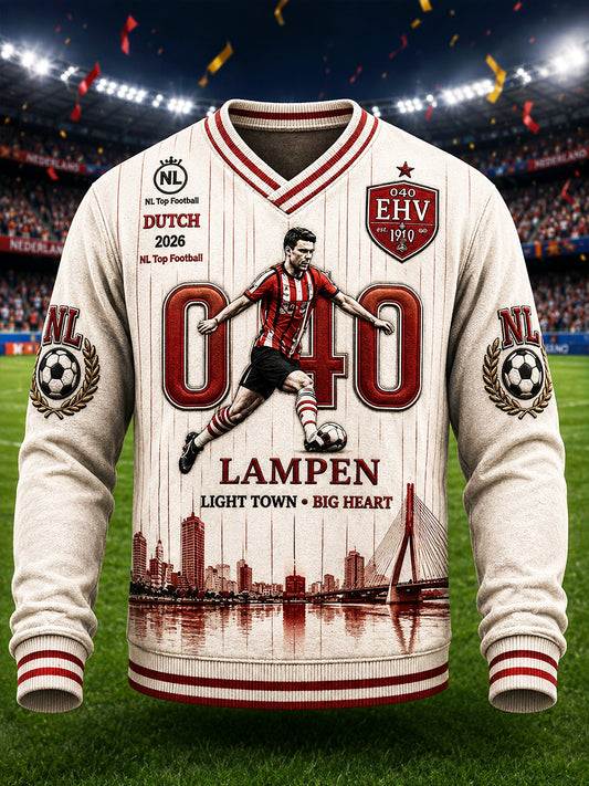 Heren beige Nederlandse Eredivisie PSV Eindhoven geprint vrijetijdssweatshirt met V-hals