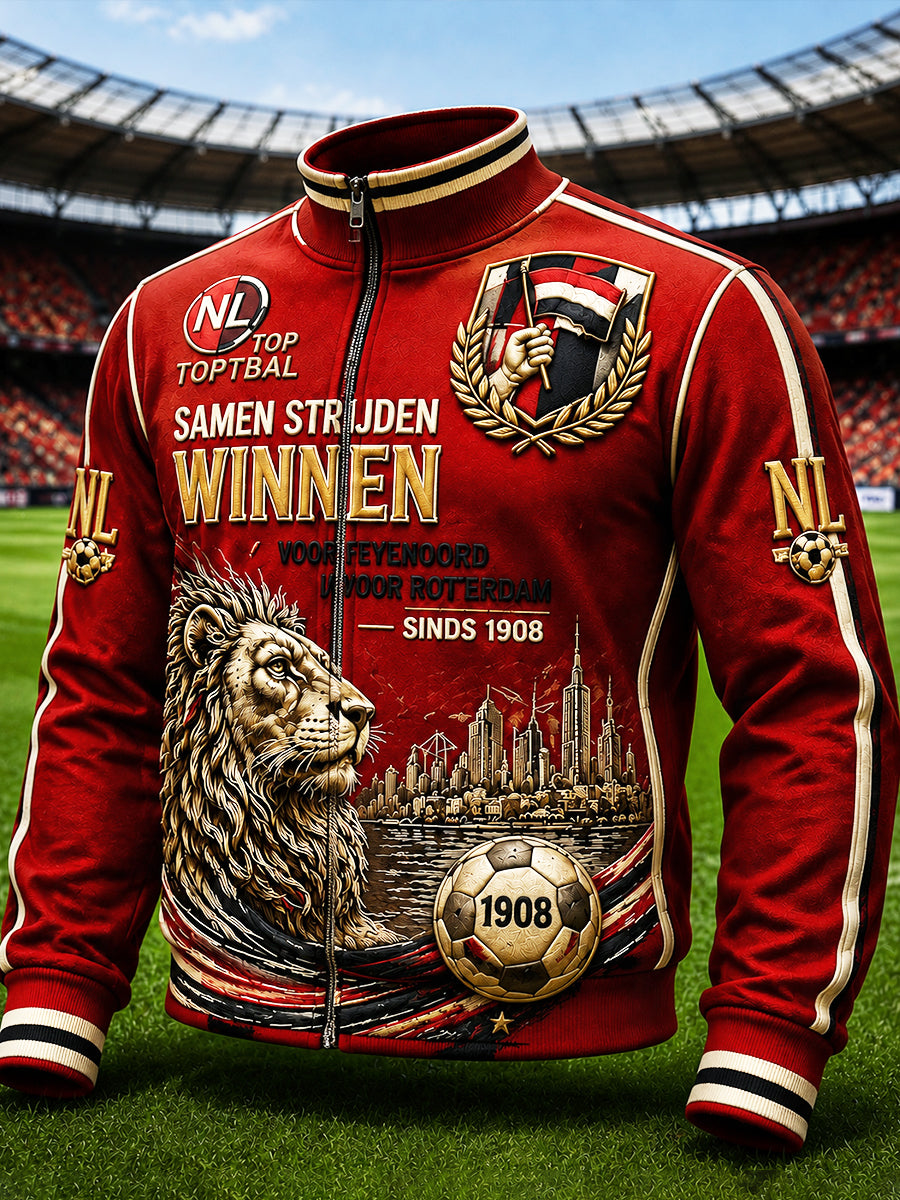 Rode Feyenoord Eredivisie-voetbaljack voor heren, met opdruk, casual, voor de herfst, met rits