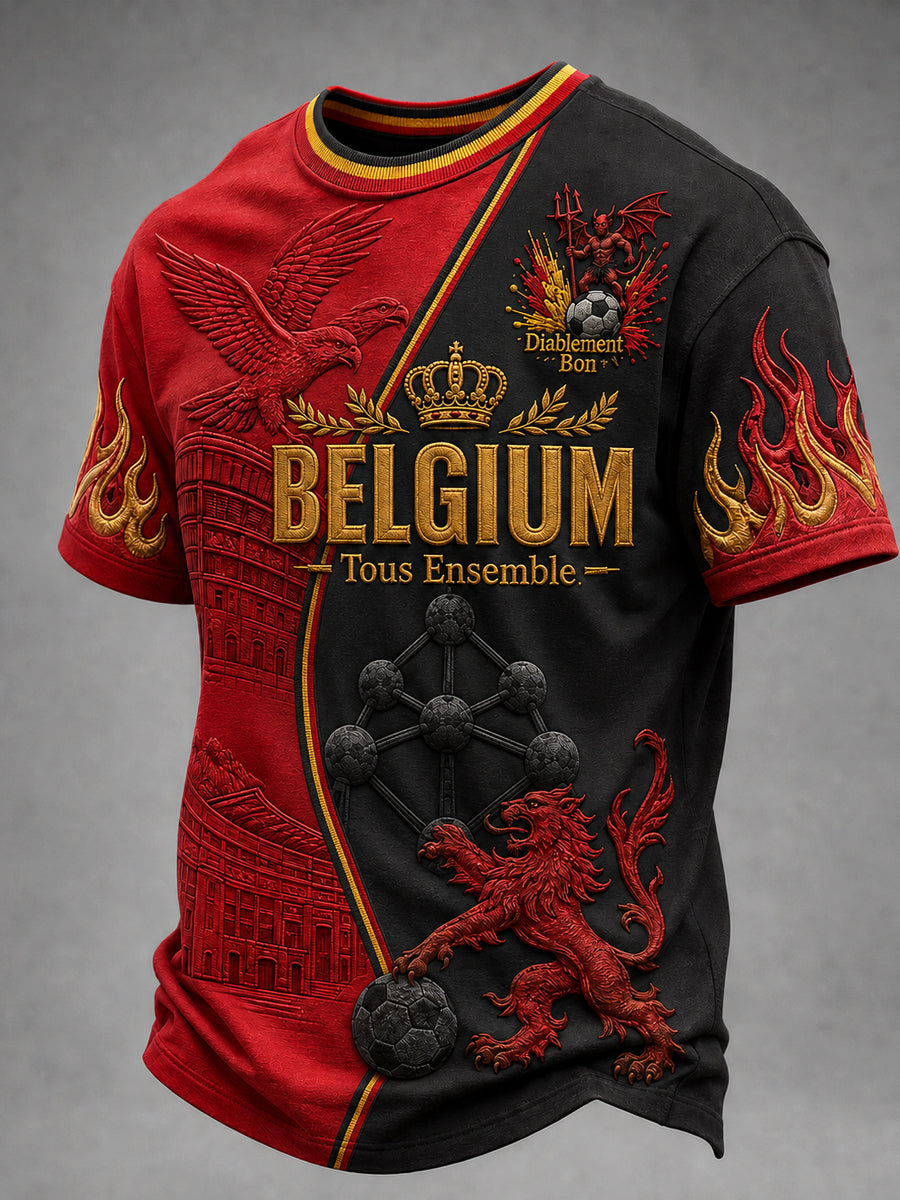 Heren-T-shirt in vintagestijl met Belgische voetbalprint, loszittend en met korte mouwen