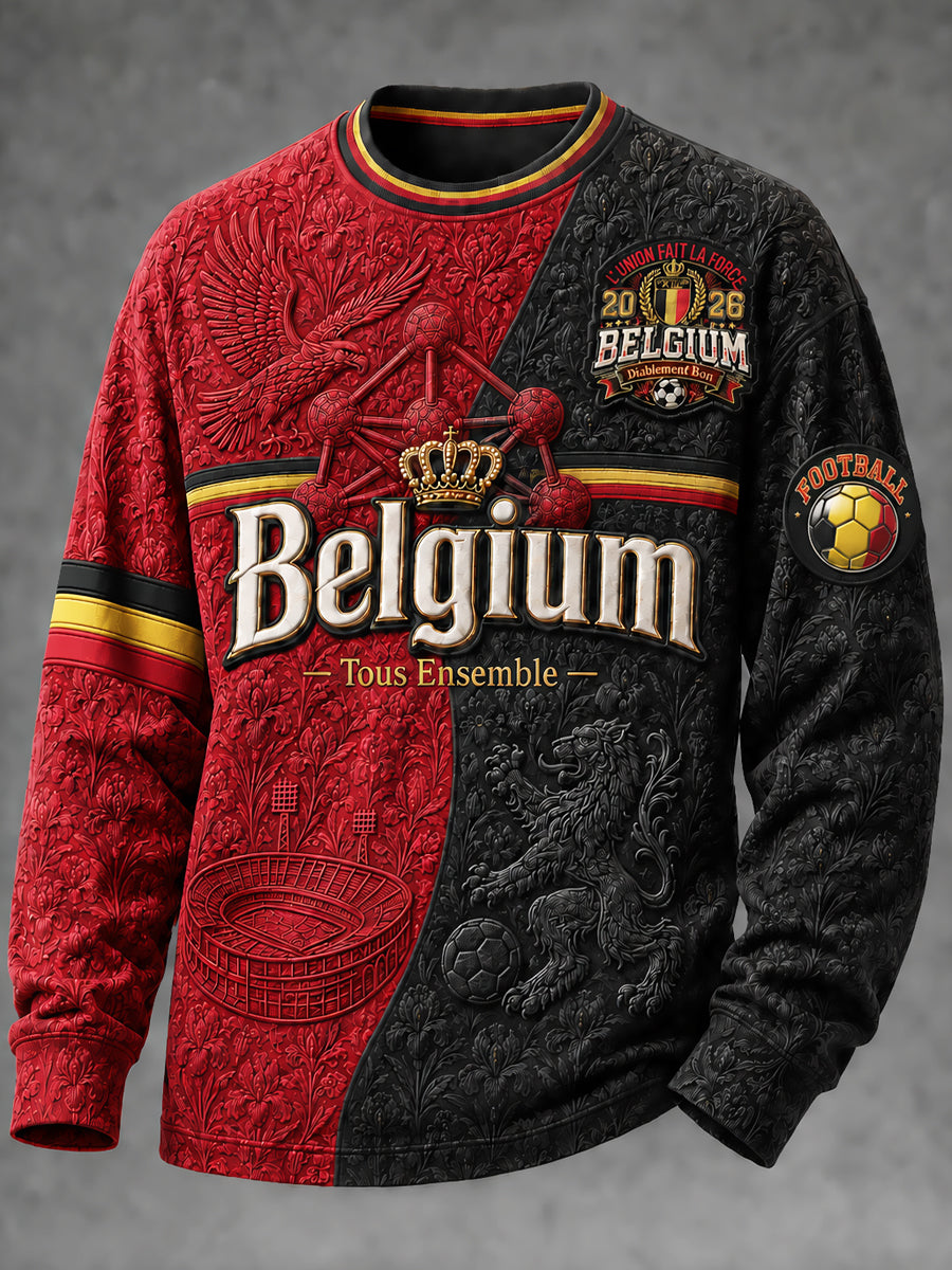 Heren-T-shirt met lange mouwen en ronde hals, bedrukt met Belgisch voetbal