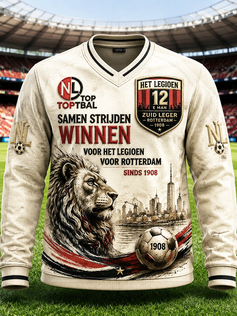 Heren Eredivisie-voetbal van Feyenoord met leeuwenprint, casual sweater met V-hals