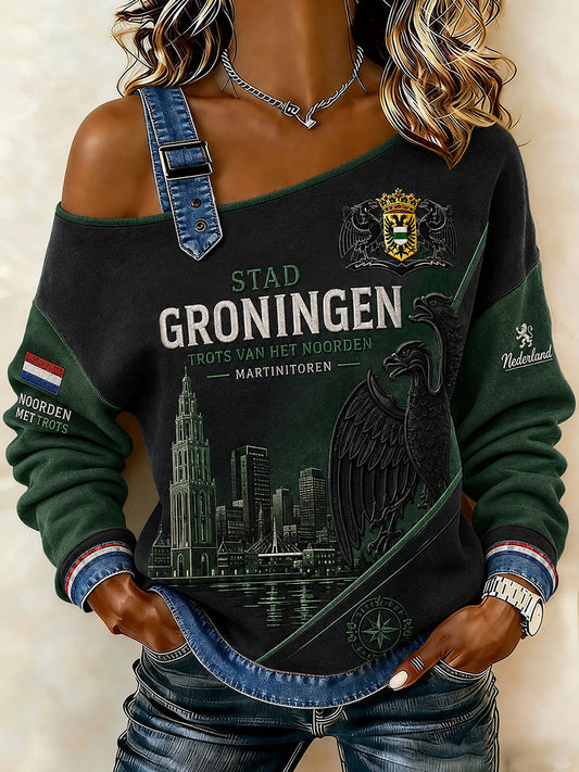 Dames-sweatshirt met stadsprint, schouderloos, lange mouwen en bandjes