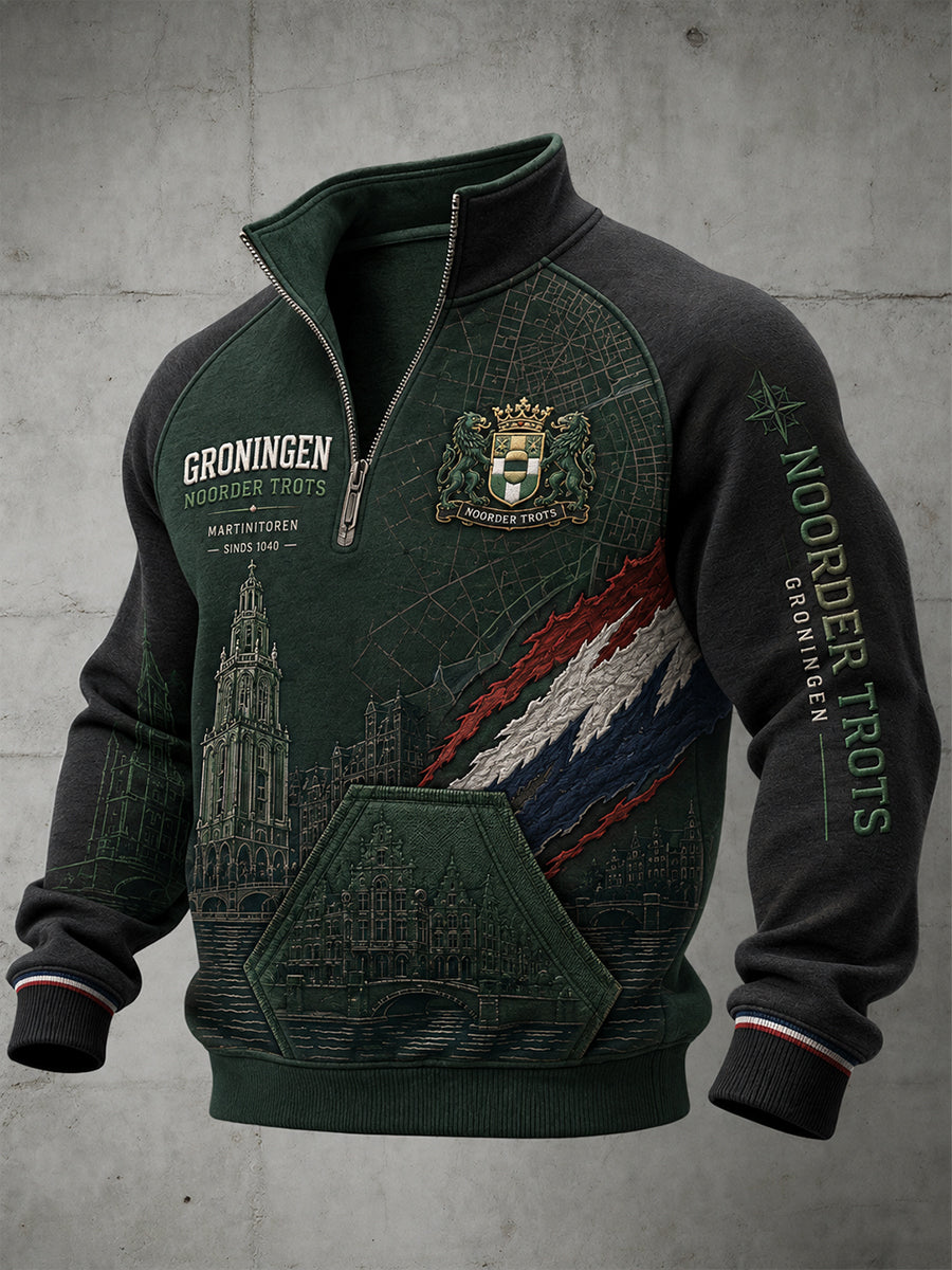Herenhoodie met stadsprint, raglanmouwen en rits