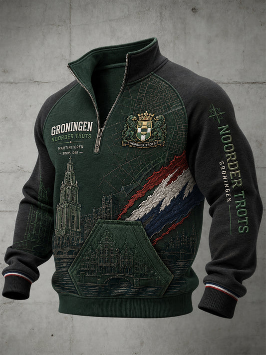 Herenhoodie met stadsprint, raglanmouwen en rits