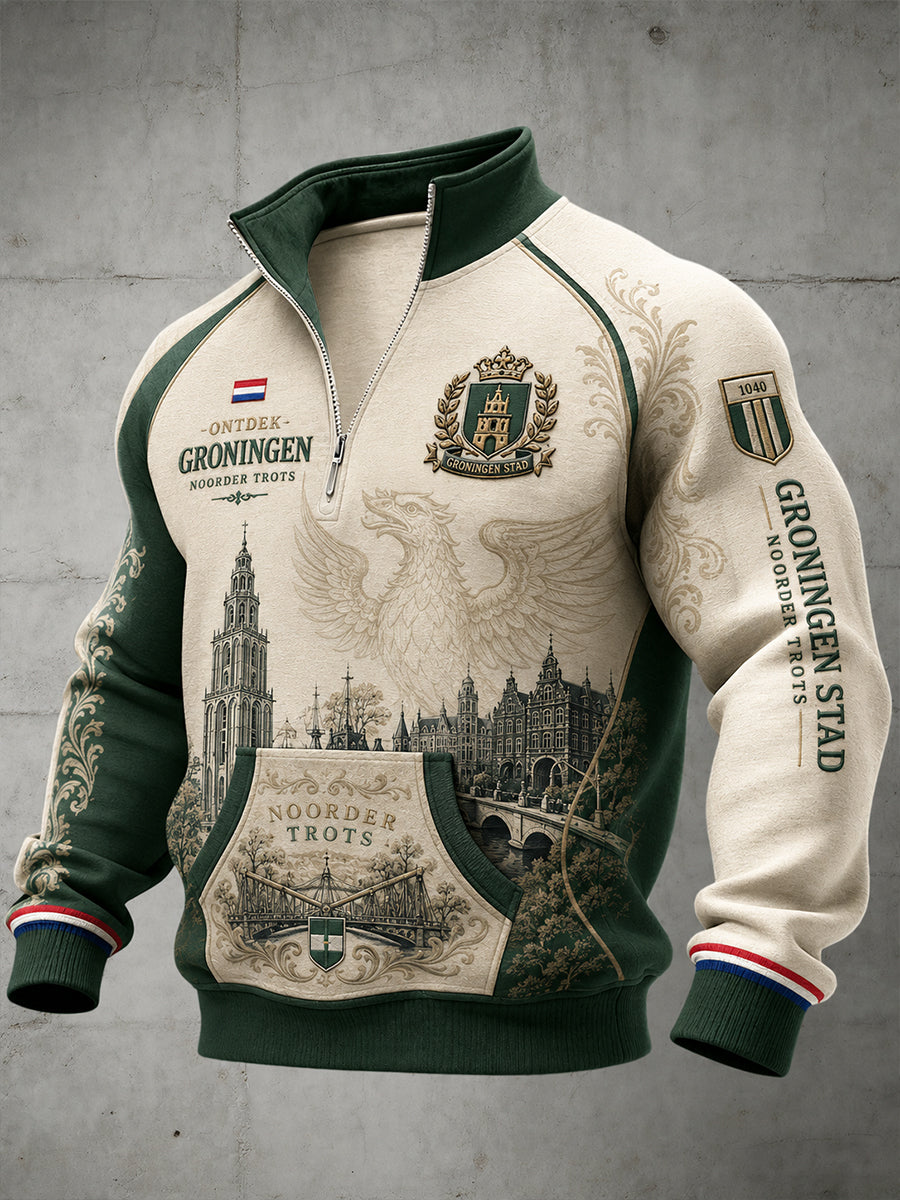 Herenhoodie met stadsprint, raglanmouwen en rits