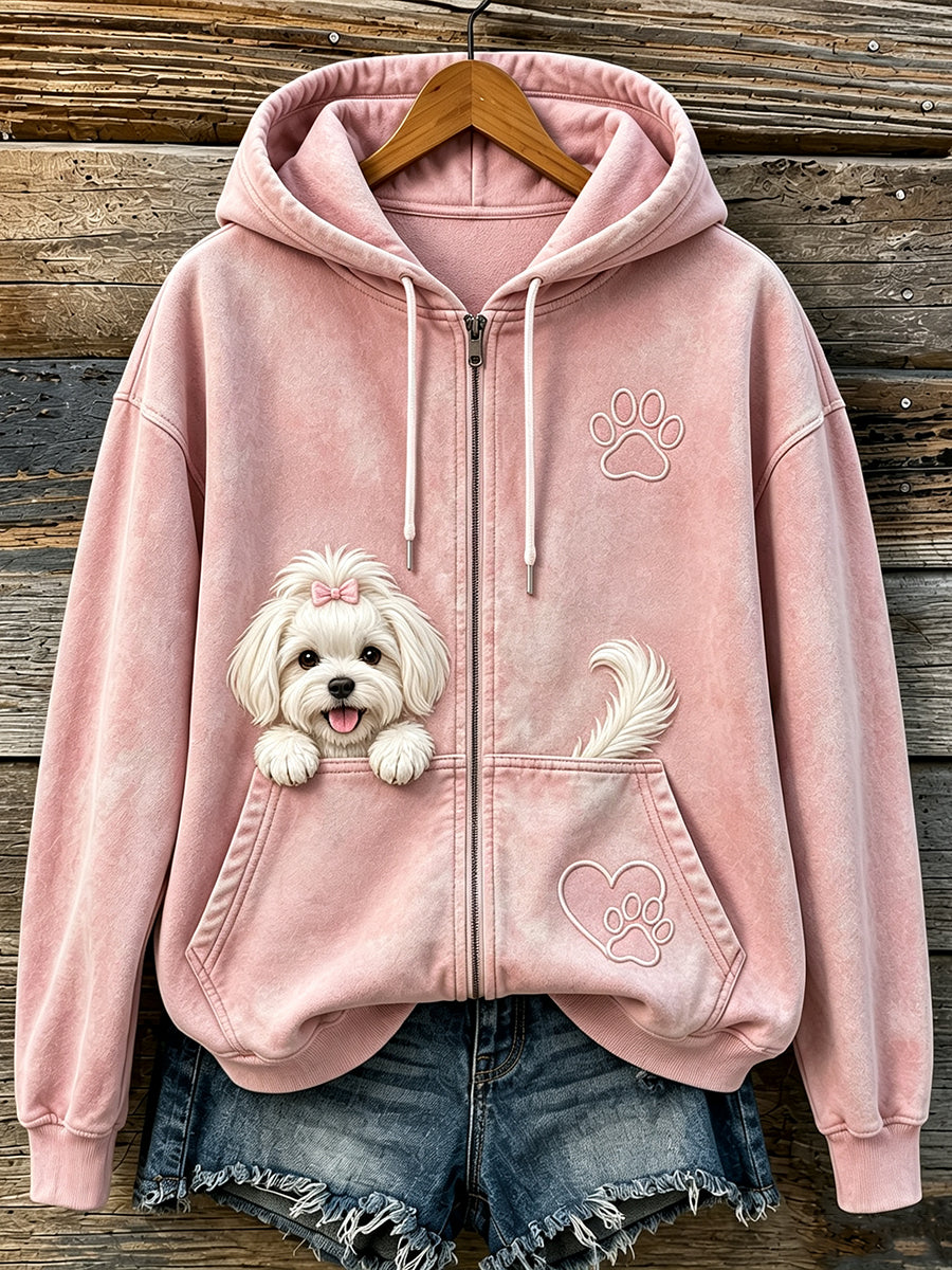Dames mooie griezelige Maltese en paw print knusse capuchon met ritssluiting