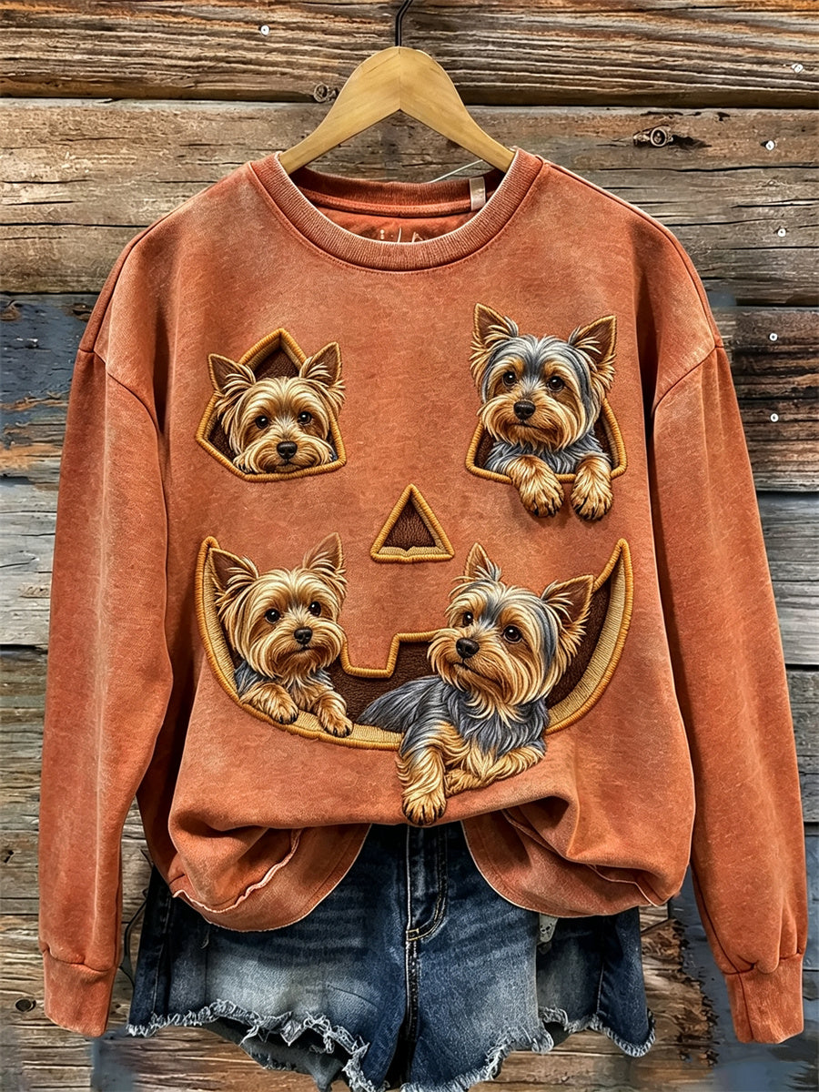 Dames mooie gluurende Yorkshire honden Halloween pompoen gezicht print sweatshirt