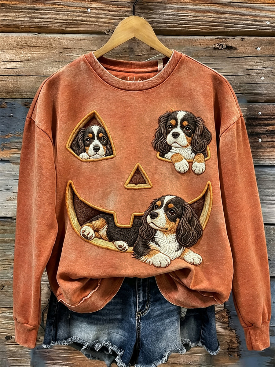 Dames mooie gluurende koning Charles honden Halloween pompoen gezicht print sweatshirt