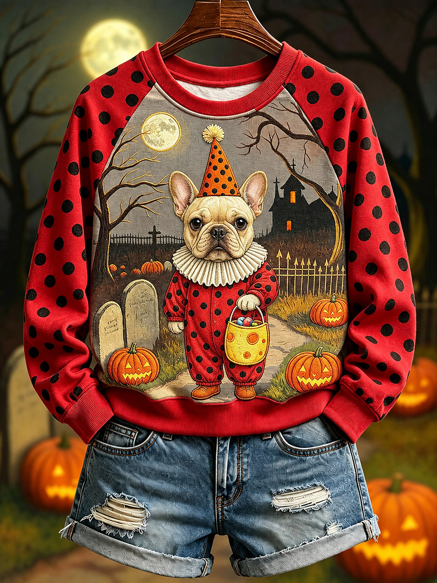 Franse Bulldog in clown voor dames kostuum voor Halloween Raglan mouw sweatshirt