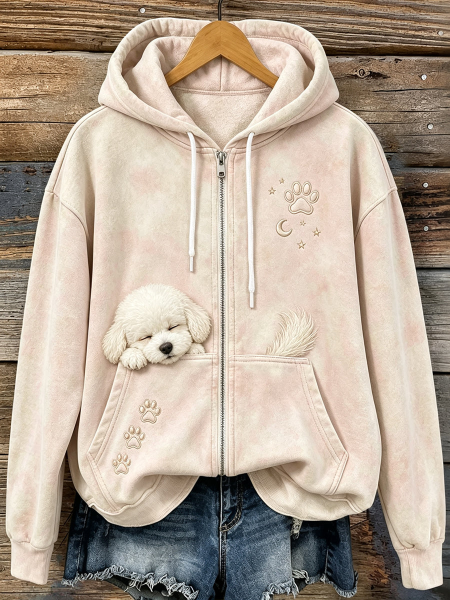 Schattige slapende bichon frise & Paws voor dames print knusse hoodie met rits