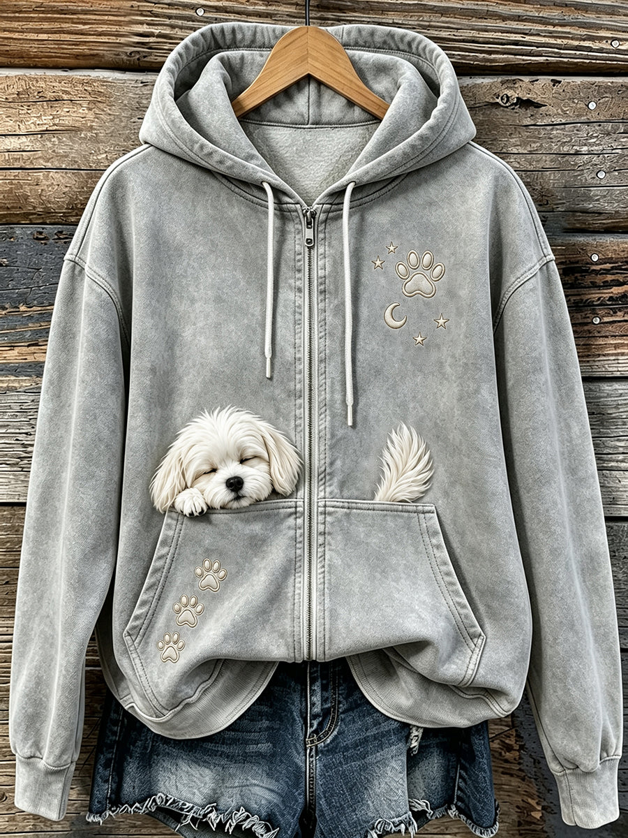 Schattige slapende Maltese en poten voor dames print knusse hoodie met ritssluiting