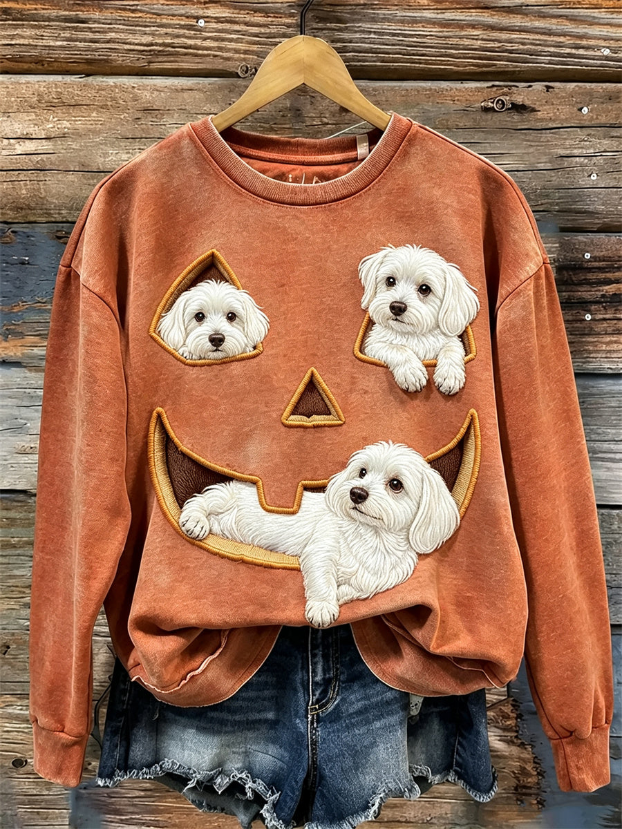 Dames mooie gluurende Maltese honden Halloween pompoen gezicht print sweatshirt
