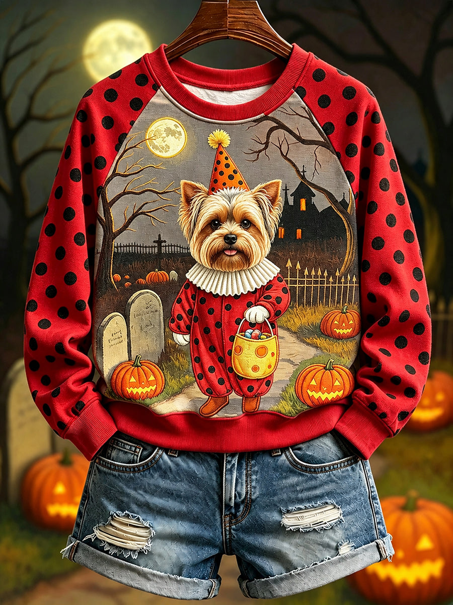 Yorkshire terriër in clown kostuum voor Halloween Raglan mouw sweatshirt voor dames