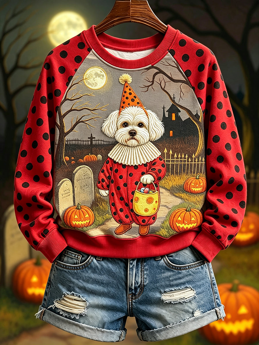 Maltees in clown kostuum voor Halloween Raglan mouw sweatshirt voor dames