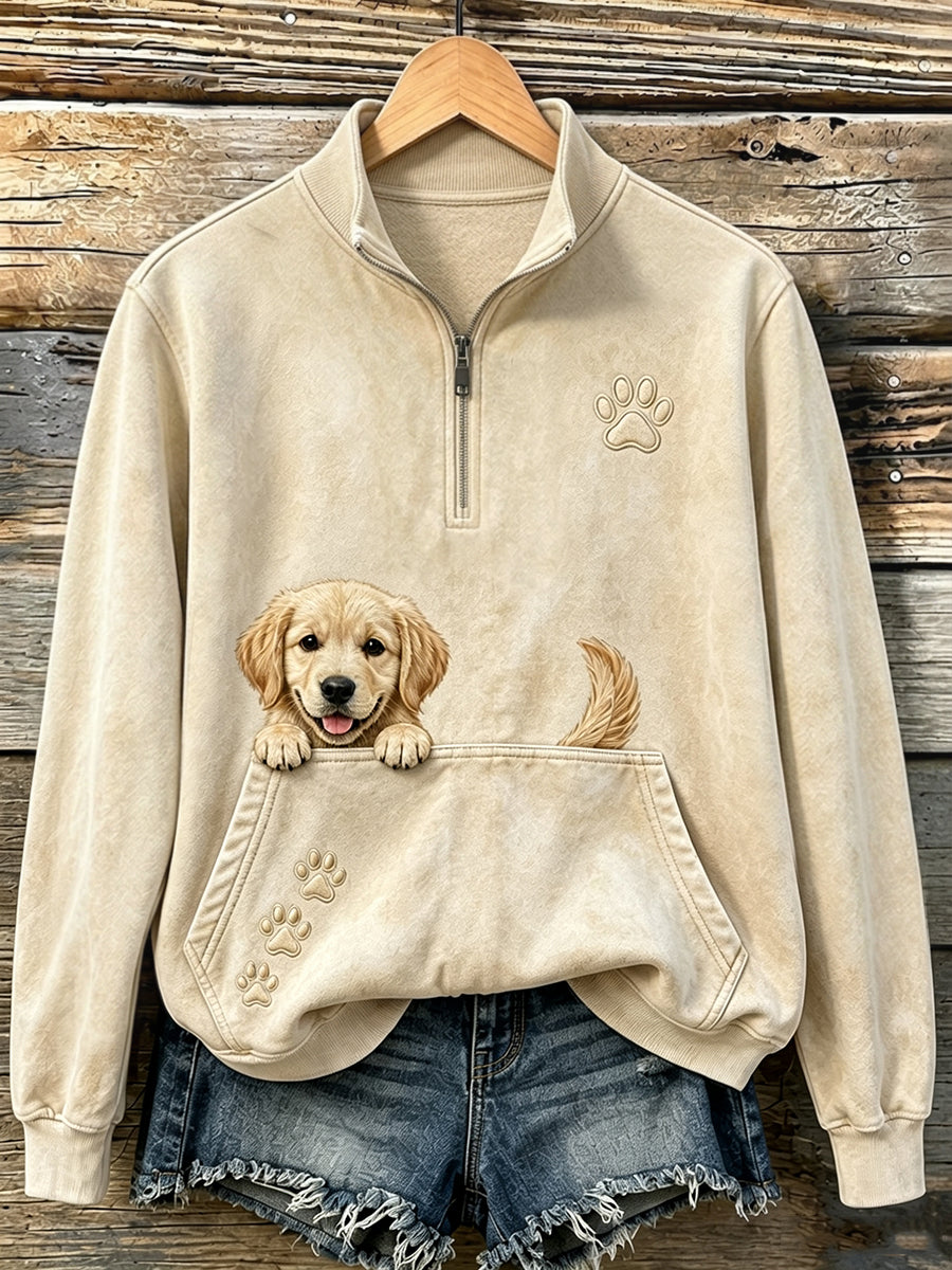 Schattige griezelige gouden retriever & Paws print casual 1/4 rits sweatshirt