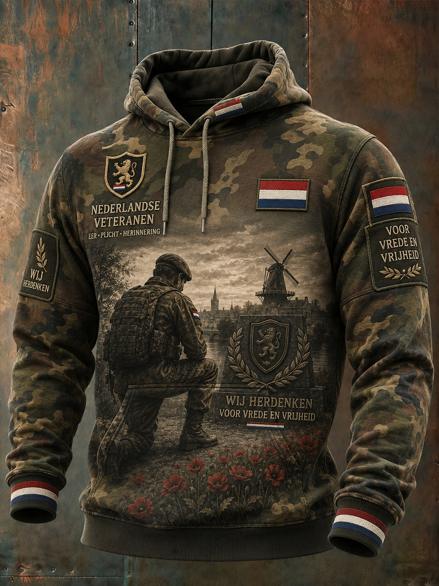 Heren vintage veteraan-thema camo-accent hoodie met lange mouwen