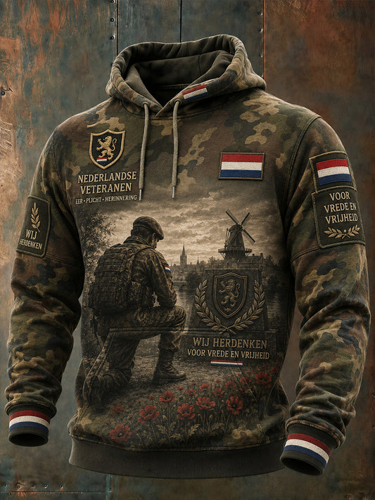 Heren vintage veteraan-thema camo-accent hoodie met lange mouwen