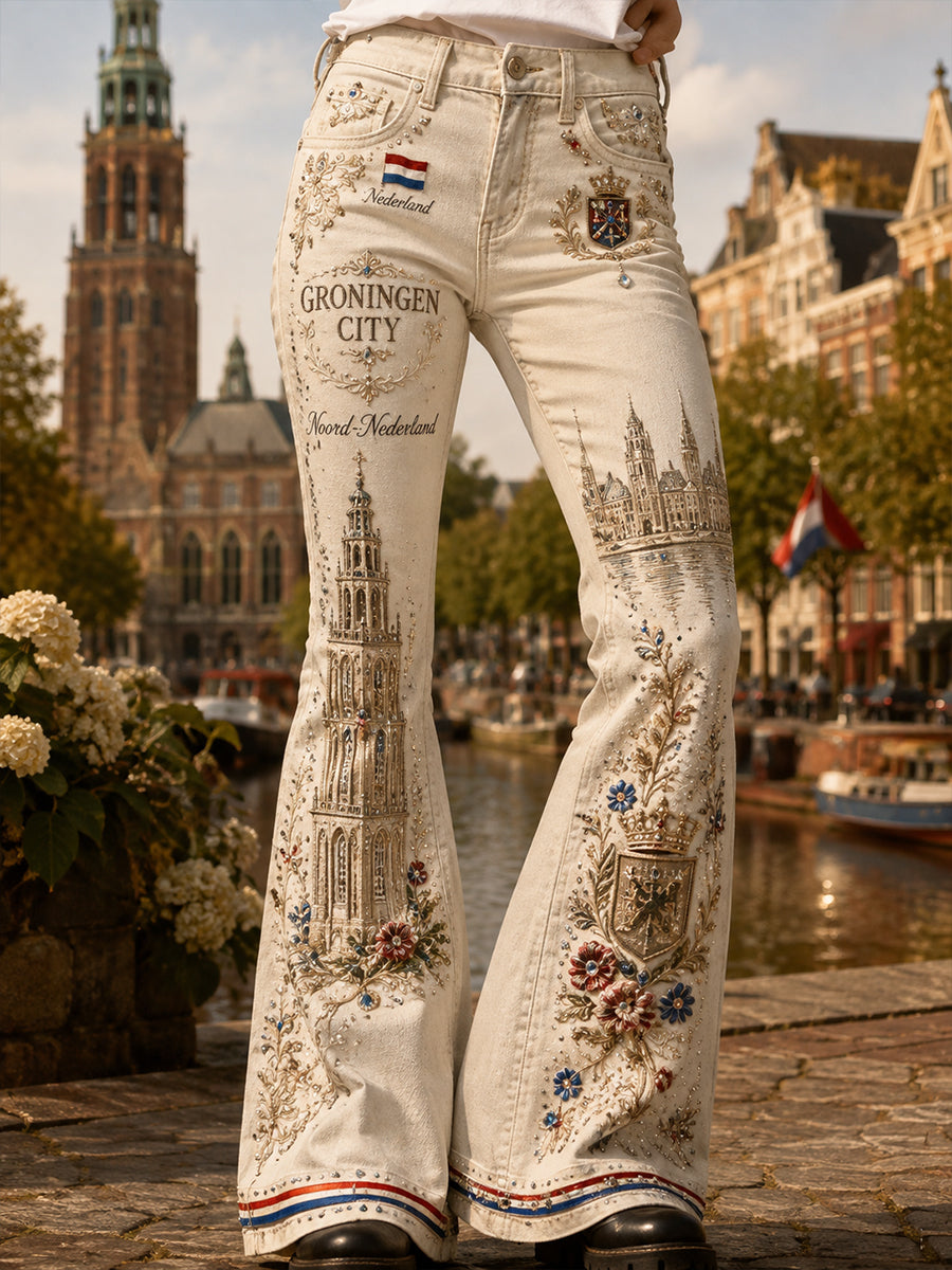 Damesbroek met lang uitlopende pijpen, in vintagestijl, met bloemen- en stadsbeeldprint als souvenir