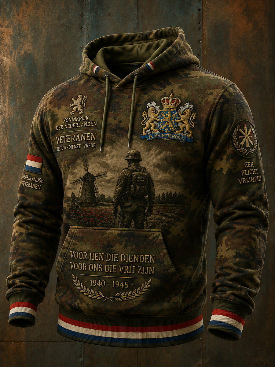 Herenhoodie met lange mouwen in vintagestijl, veterainthema en camouflageaccent