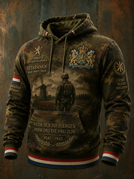 Herenhoodie met lange mouwen in vintagestijl, veterainthema en camouflageaccent