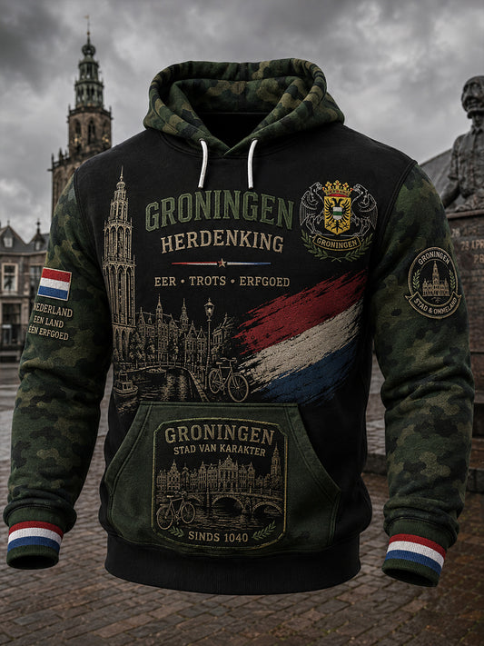 Herenhoodie met retro stadsprint en lange mouwen