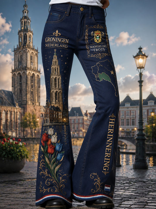 Dames vintage bloemen en stad souvenirprint lange flare broek