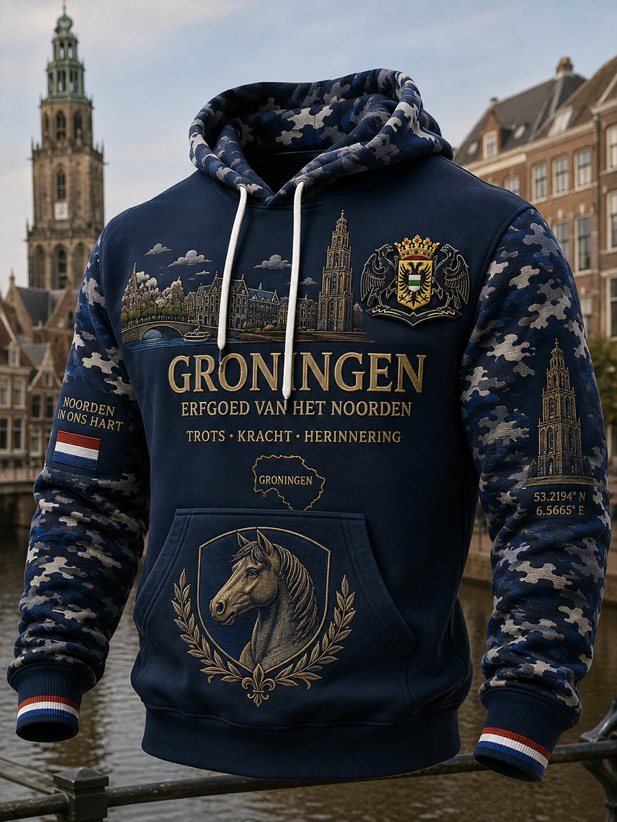 Herenhoodie met retro stadsprint en lange mouwen