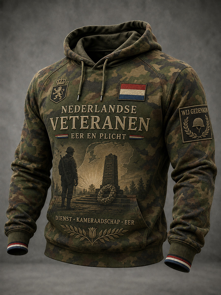 Herenhoodie met lange mouwen in vintagestijl, veterainthema en camouflageaccent