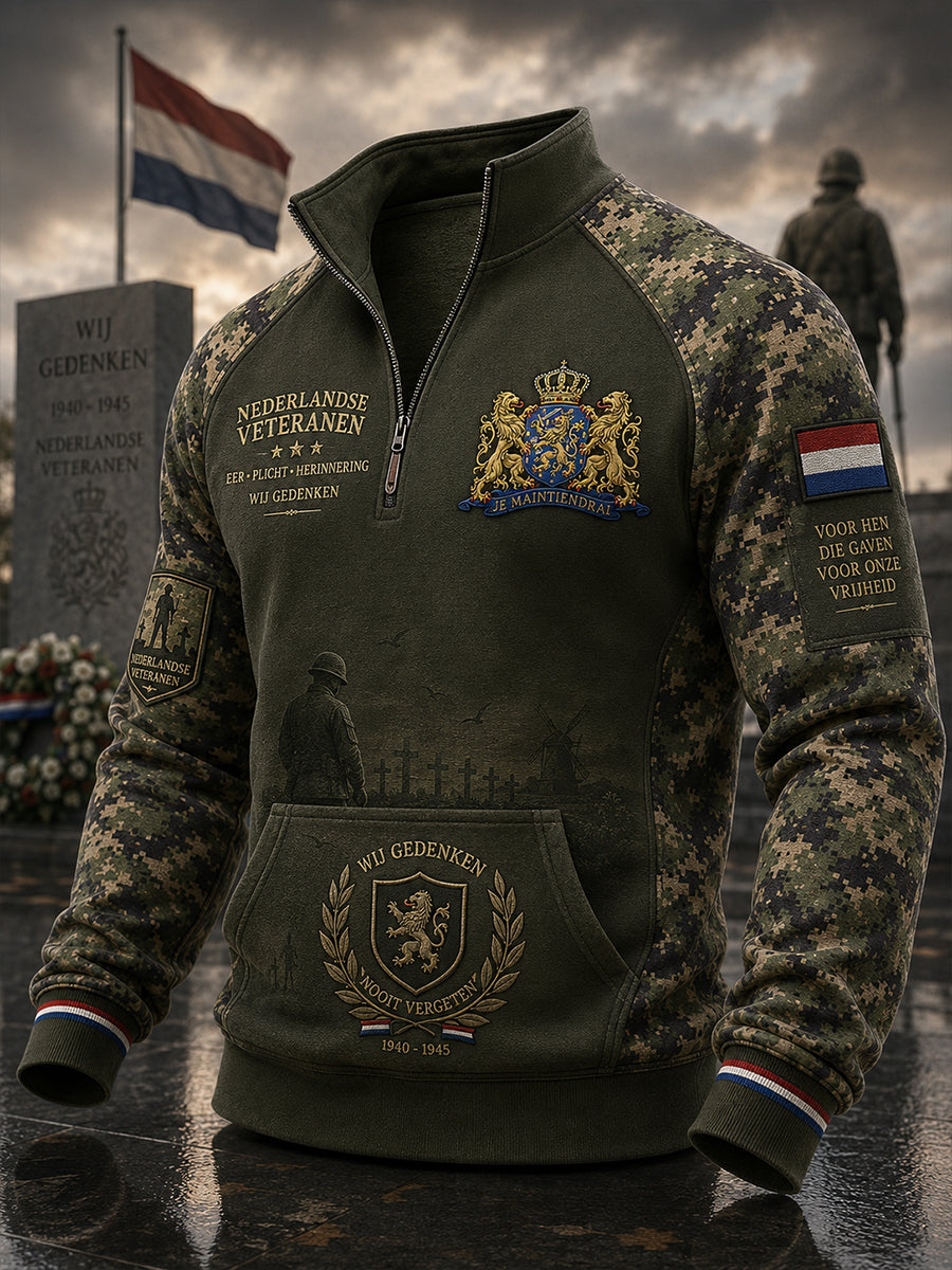 Herensweatshirt met vintage raglanmouwen en een herdenkingsprint in camouflagestijl voor veteranen