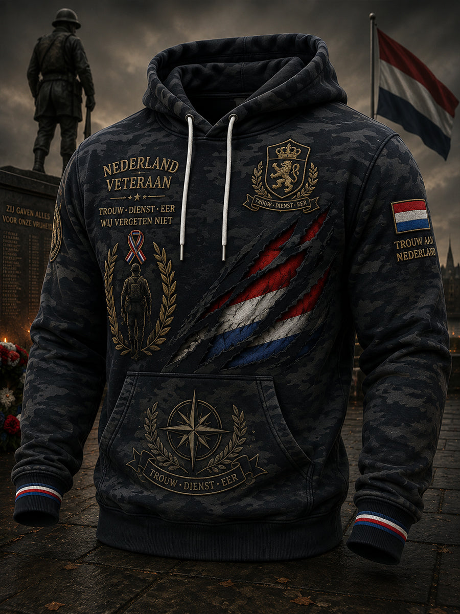 Herenhoodie in vintagecamouflage met lange mouwen en herdenkingsprint voor veteranen