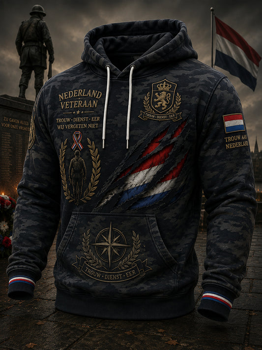 Herenhoodie in vintagecamouflage met lange mouwen en herdenkingsprint voor veteranen