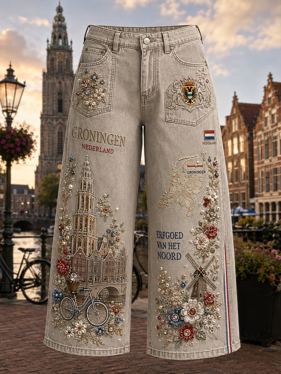 Vintage-stijl denim-broek voor dames met City Souvenir-geïnspireerde prints