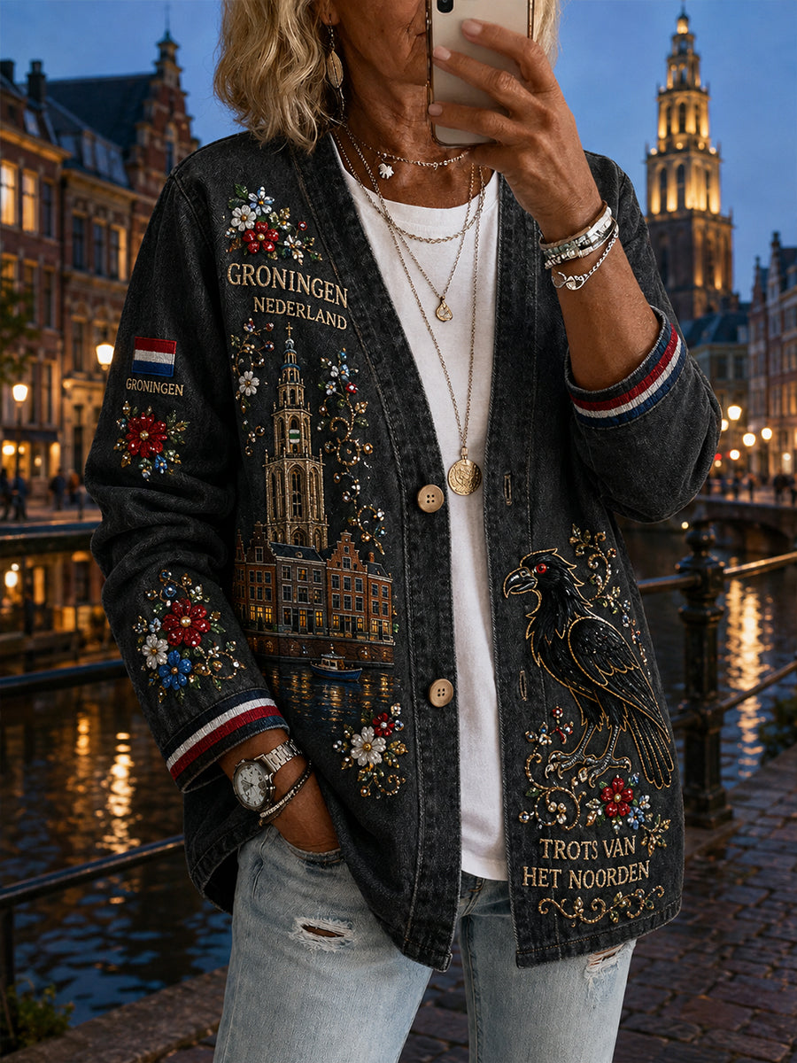 Casual damesjack met vintageprint in souvenirstijl van een stad