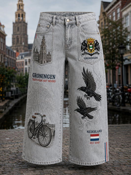 Damesjeans in vintagestijl met prints geïnspireerd door stads souvenirs