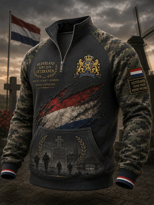 Herensweatshirt met vintage raglanmouwen en een herdenkingsprint in camouflagestijl voor veteranen