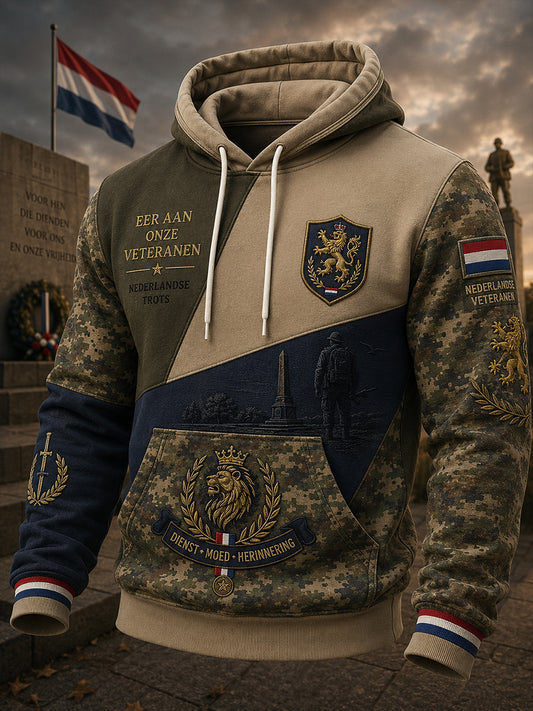 Herenvintage camouflage Hoodie met lange mouwen en veteraan herdenkingsopdruk