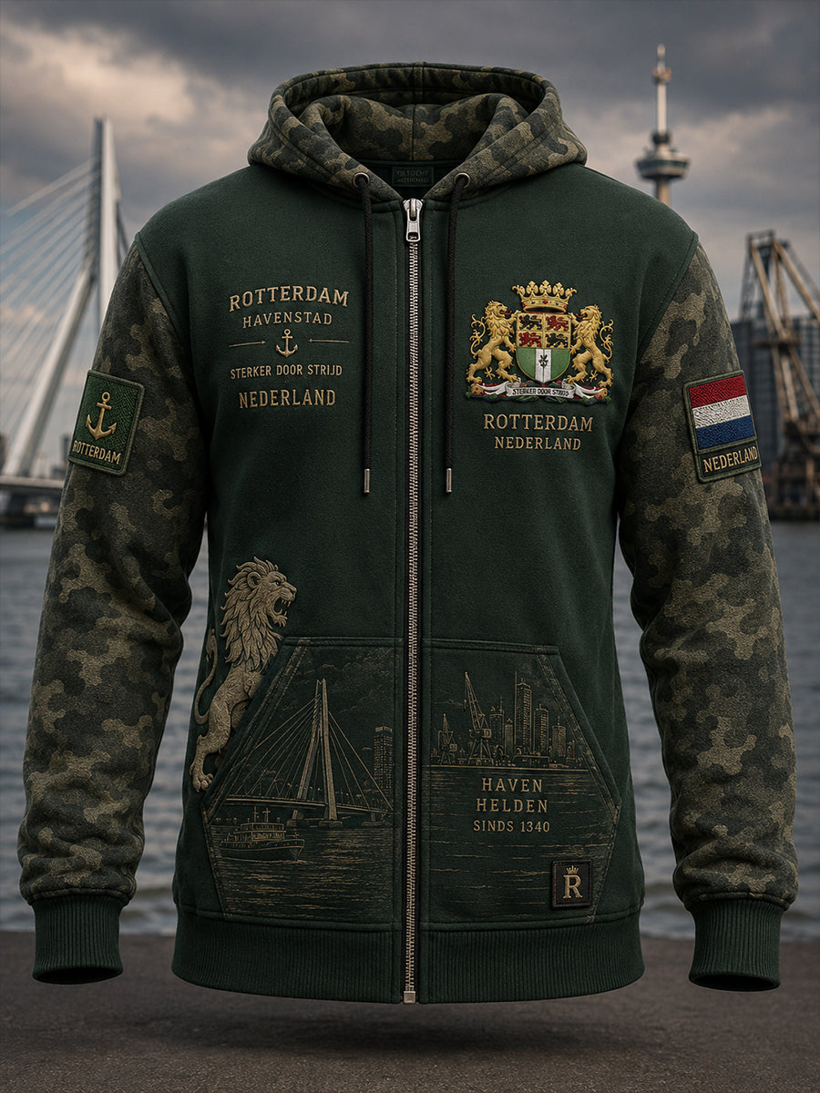 Herenhoodie met retro stadsprint, lange mouwen en rits