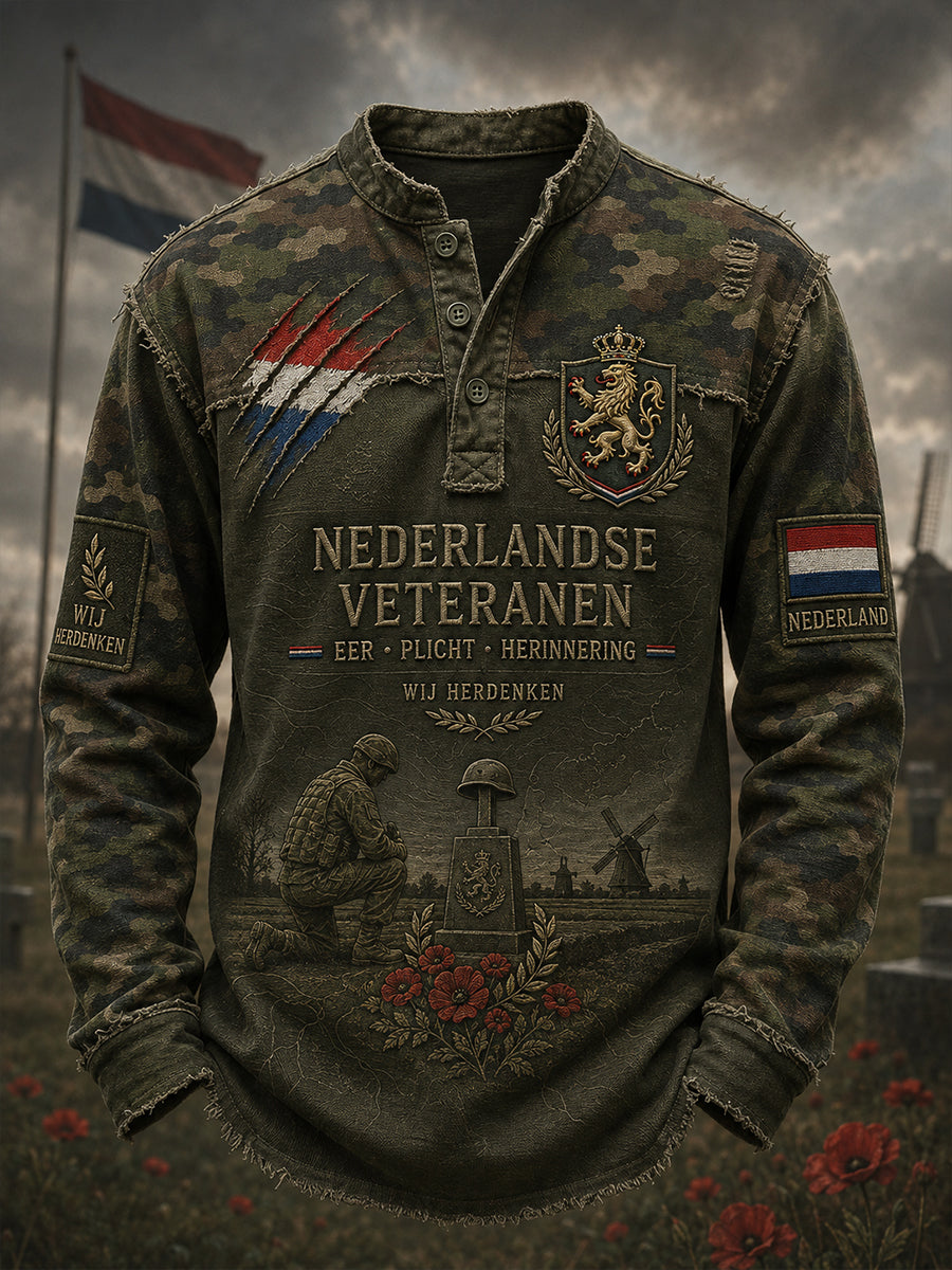 Herenhemd met lange mouwen en vintagecamouflage- en militair geïnspireerde motieven