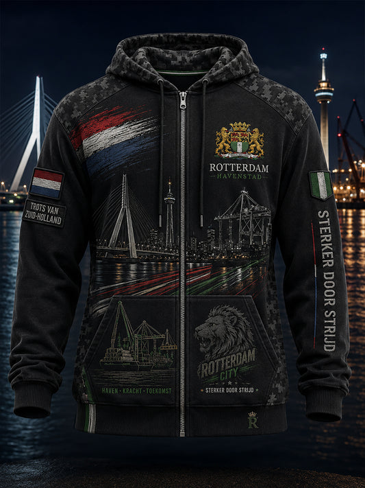 Herenhoodie met retro stadsprint, lange mouwen en rits