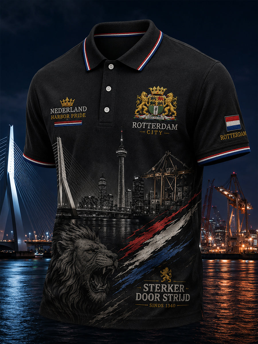 Herenpoloshirt met korte mouwen en vintageprint in souvenirstijl van een stad