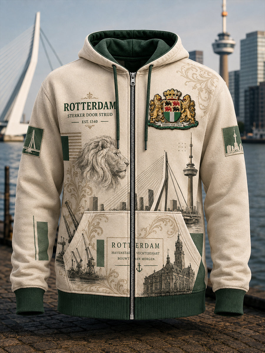 Herenhoodie met retro stadsprint, lange mouwen en rits