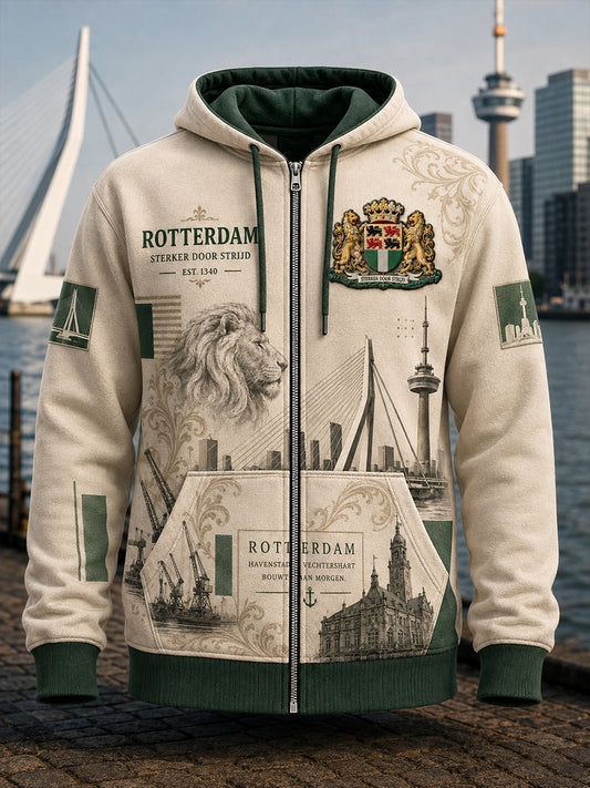 Herenhoodie met retro stadsprint, lange mouwen en rits