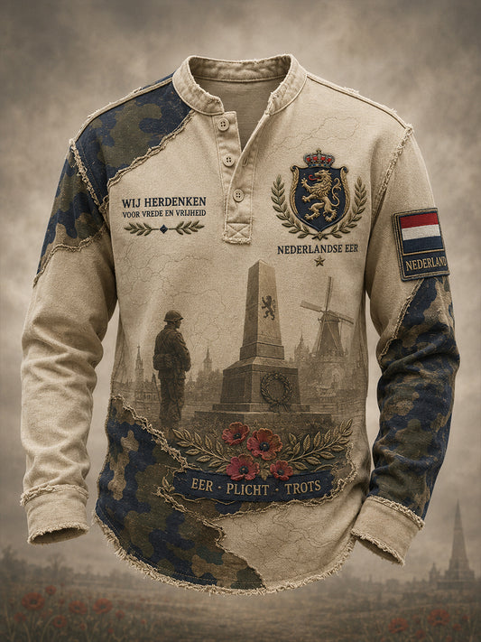 Herenhemd met lange mouwen en vintagecamouflage- en militair geïnspireerde motieven
