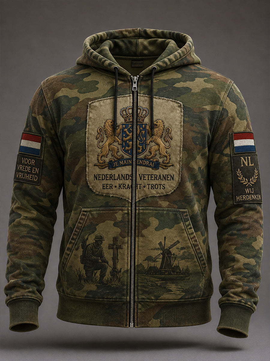 Herenhoodie in vintage camouflagestijl met lange mouwen en ritssluiting