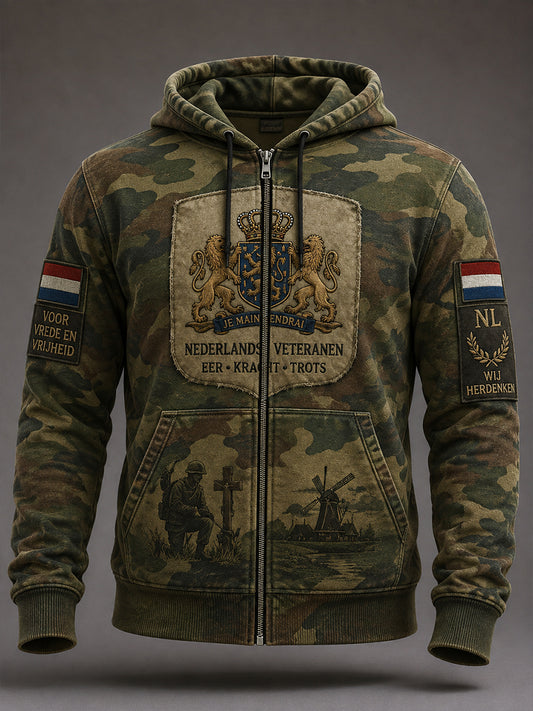 Herenhoodie in vintage camouflagestijl met lange mouwen en ritssluiting